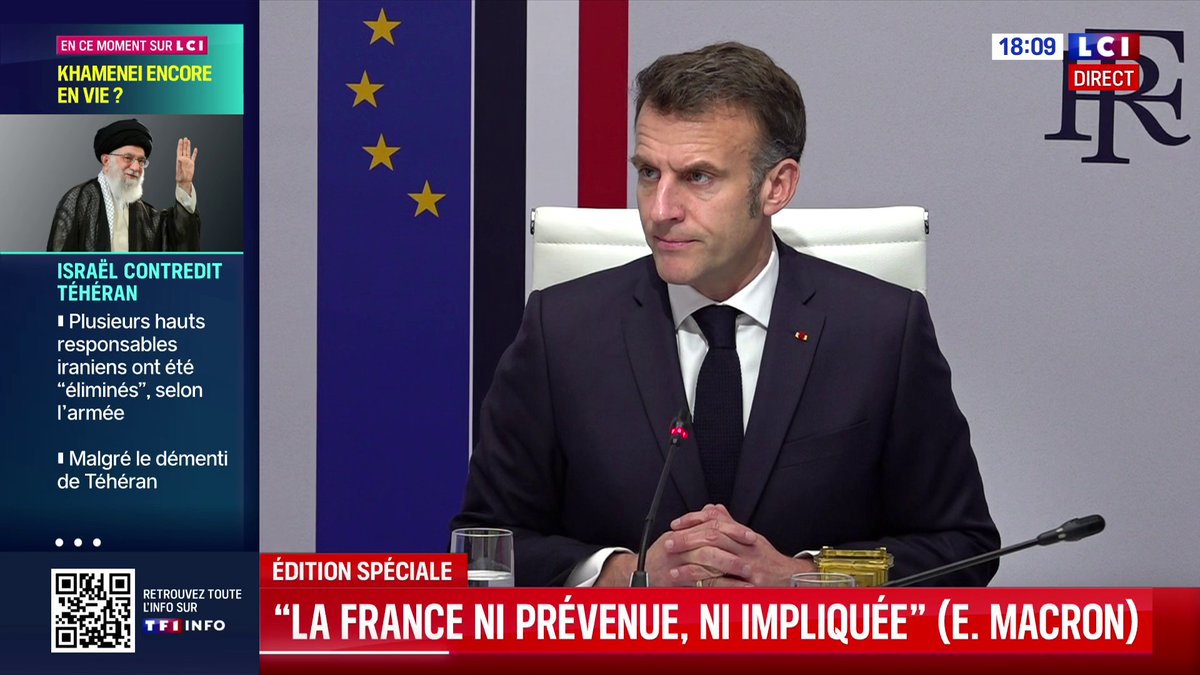 🔴🗣️ "La priorité absolue pour nous est évidemment la sécurité de nos ressortissants dans tous les pays qui sont frappés. C'est ensuite la sécurité de nos emprises militaire et diplomatique. Et aussi la sécurité sur le territoire national" : Emmanuel Macron sur LCI ⬇️