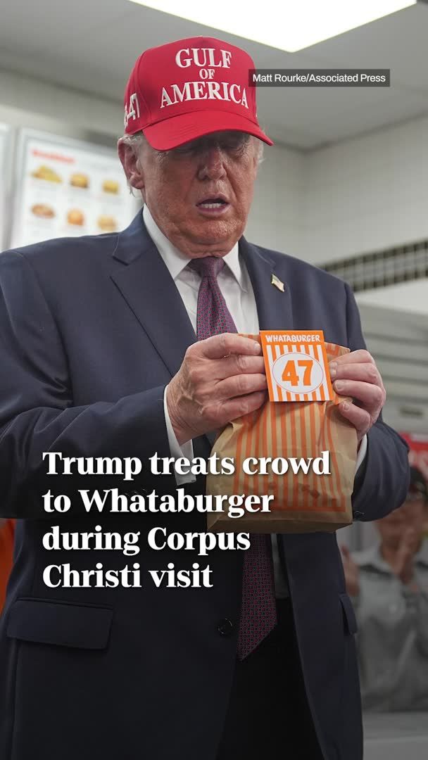 President Donald Trump made a stop at Whataburger in Corpus Christi, buying burgers for supporters and declaring, “I am going to get some stuff for Air Force One and I am going to get the hell out of here, OK? Hamburgers for the whole place!” 🍔 He was gifted a “47” placeholder — a nod to his presidency — before shaking hands with Sen. Ted Cruz and heading back to Air Force One. Read more about his Texas visit: