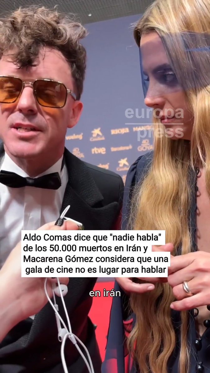 Aldo Comas denuncia que “nadie habla” de los 50.000 muertos recientes en Irán y sugiere que “igual hay que acabar con regímenes teocráticos”. La actriz Macarena Gómez responde que una gala de cine no es lugar para hablar de la guerra #Goya2026