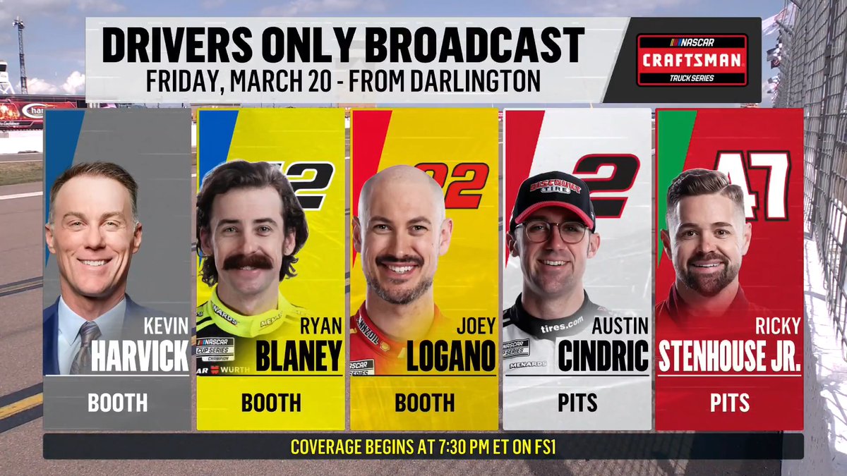 DRIVERS ONLY! Drivers take over the NASCAR CRAFTSMAN Trucks broadcast from Darlington! March 20th at 7:30p ET on FS1 and @WatchFOXOne! »