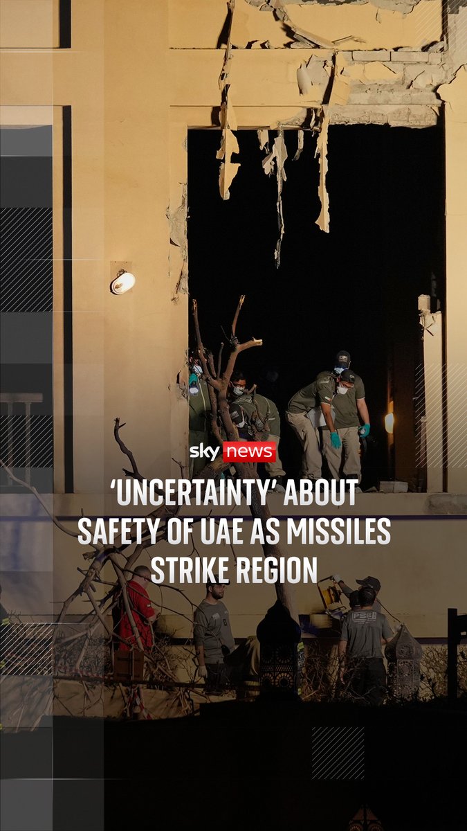 Iranian strikes have hit the UAE, bringing uncertainty to a country thought of as one of the safest in the world. Around 240,000 British citizens live in the UAE, who have been advised to remain indoors, or in a safe place, and to stay away from windows. Sky's SallyLockwood reports. 🔗