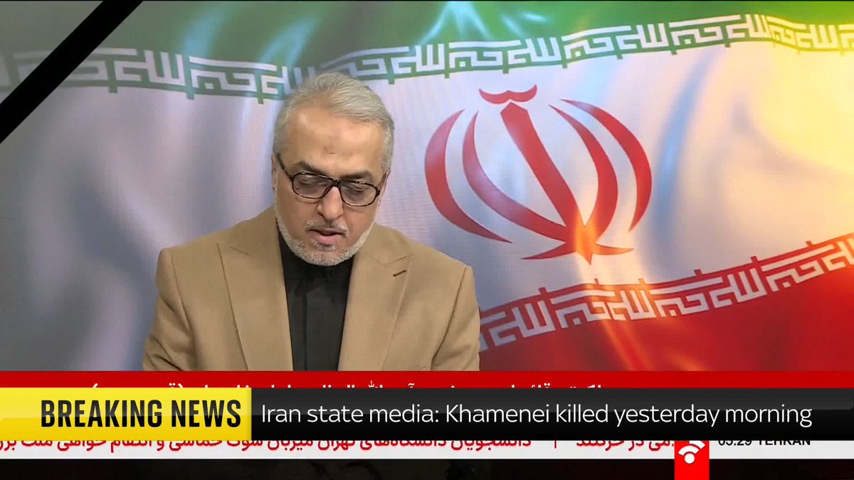 BREAKING: Iranian state media has confirmed the death of Ayatollah Ali Khameini after strikes on the country yesterday. Here is the moment the news broke on Iranian state television, when a news anchor read out a statement from the country's cabinet.
