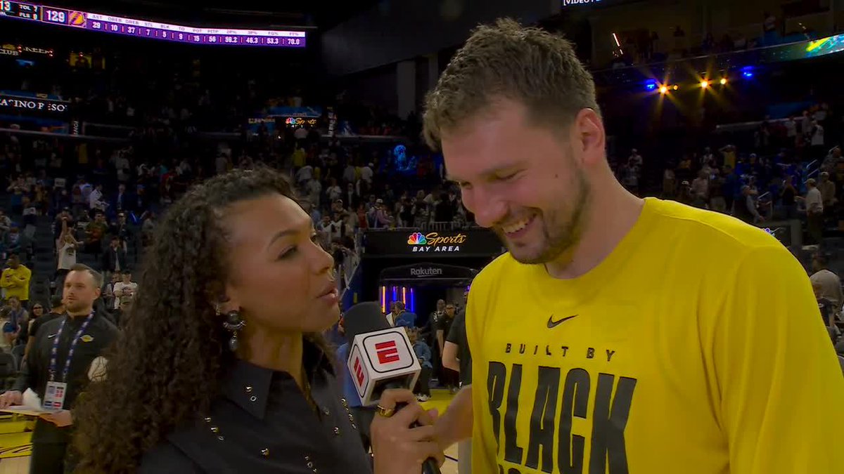 "Nobody gave me a gift yet, it's crazy." —Luka Doncic tells Malika Andrews what his teammates got him after the birthday W 😂😭