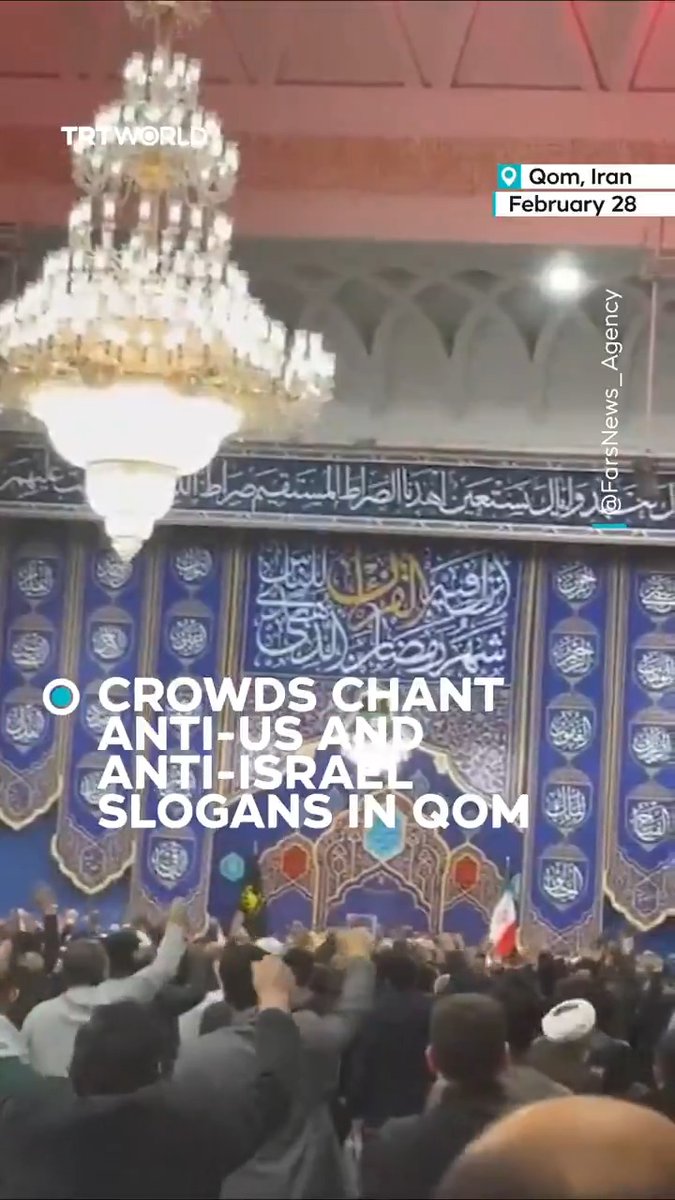 Iranians gathered at the shrine of Hazrat Masumeh in Qom as chants of “Death to America” and “Death to Israel” rang out after the death of Supreme Leader Ayatollah Ali Khamenei