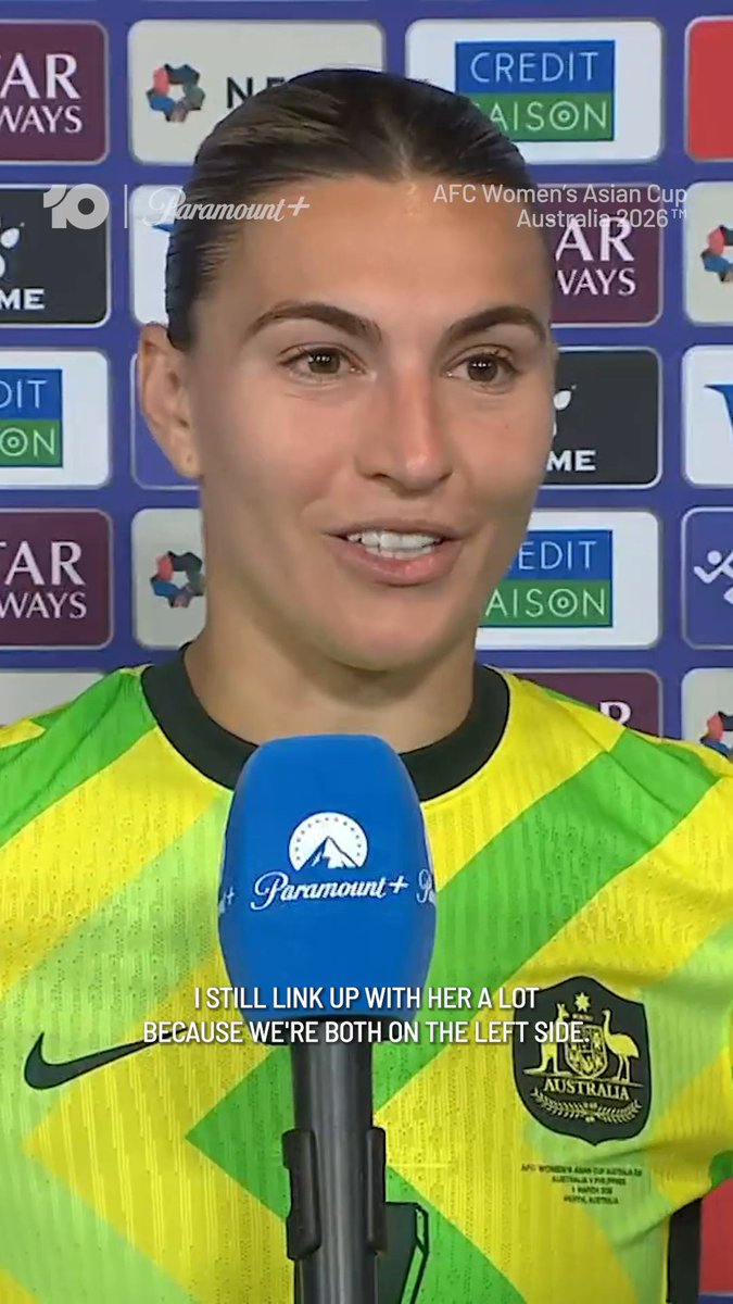 “I’ve actually missed it a lot, playing alongside her at left back.” — Steph Catley on Caitlin Foord. Hear from Catley after the Matildas 1–0 win over the Philippines 💪 #AFCWomensAsianCup