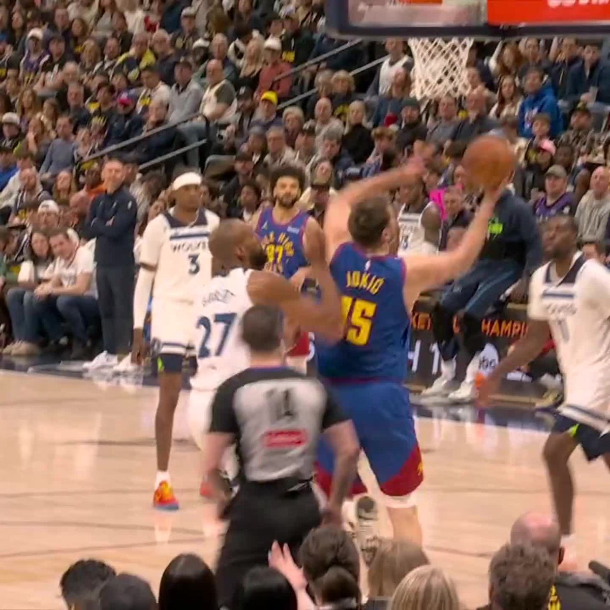 Jokic goes right at Gobert to get things going in Denver 🍿 Wolves-Nuggets NOW on ABC and the ESPN App 👀