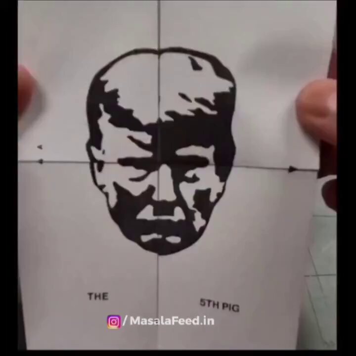 Bir sanatçı, dört domuzu birleştirerek kağıt üzerine Donald Trump'ın resmini çizdi. Gazete açıldığında, "Beşinci domuz nerede?" yazıyordu.