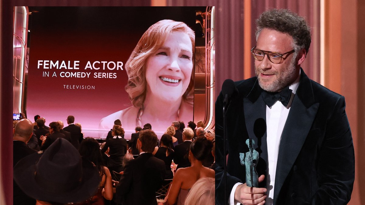 Seth Rogen gives a tribute to Catherine O'Hara after she wins The Actor Award for Best Actress in a Comedy Series: "She knew she could destroy and she wanted to destroy every day on set." #ActorAwards