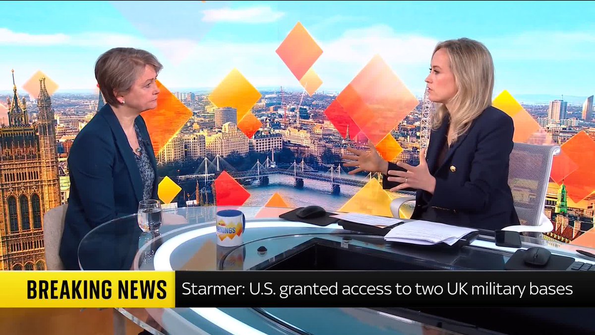 Yvette Cooper tells Sophy Ridge that the U.S. will not be allowed to use UK bases to strike "political, economic, and infrastructure targets." 📺 Sky 501, Virgin 602, Freeview 233 and YouTube