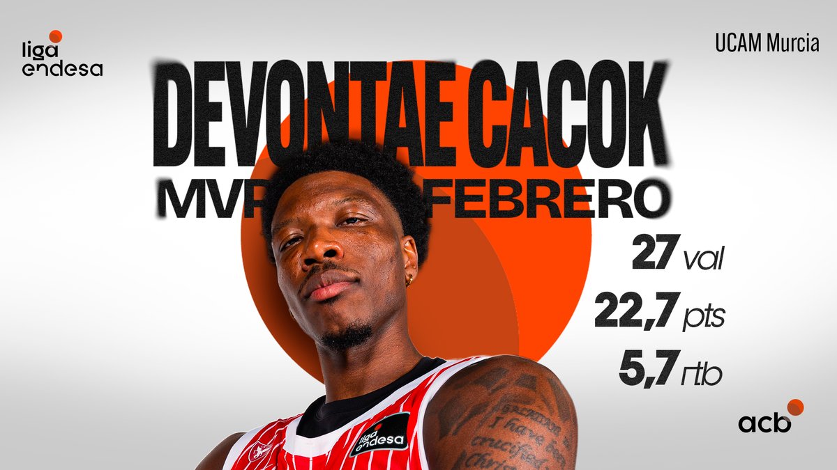 Vuelve la #LigaEndesa y... venimos a lo grande con alguien que fue muy grande en el mes de febrero. 💥 ¡DEVONTAE CACOK, MVP de FEBRERO! 2⃣2⃣,7⃣ puntos 5⃣,7⃣ rebotes 2⃣7⃣ de valoración UCAM Murcia | Devontae Cacok
