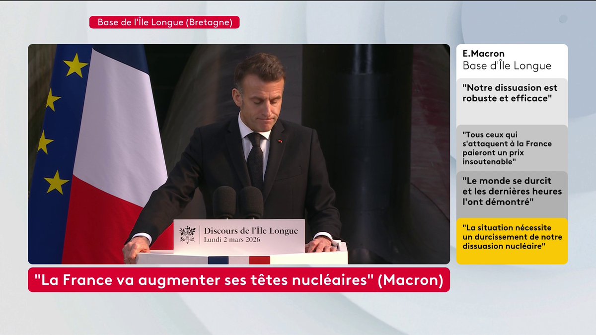 🔴 🗣Dissuasion nucléaire : “Nous entrons sur le chemin de la ‘dissuasion avancée’", explique E. Macron. "Il n’y aura aucun partage de la décision ultime ni de sa planification, ni de sa mise en œuvre". Huit pays européens sont intéressés par cette dissuasion française. #canal16