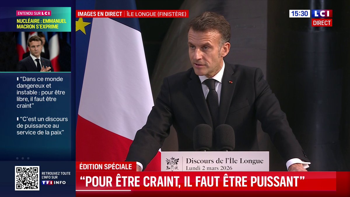 🔴 Nucléaire : "Il n'y aura aucun partage de la décision ultime", Emmanuel Macron qui ajoute que "la France assumera donc toujours seule, en intégrant à sa réflexion les intérêts de nos alliés, le franchissement délibéré du seuil nucléaire"