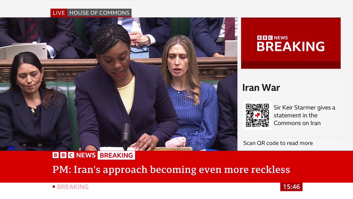 "Our allies in Canada and Australia immediately backed the action taken by America," Kemi Badenoch tells MPs "Unbelievably in his statement today the prime minister cannot say if he backs the strikes or not," the Tory leader adds Follow live: