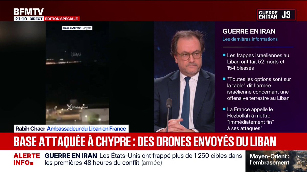 🗨️ "On ne peut plus accepter ça" L'ambassadeur du Liban en France assure qu'il est "inadmissible" que les drones qui ont visé une base britannique à Chypre aient été envoyés du Liban