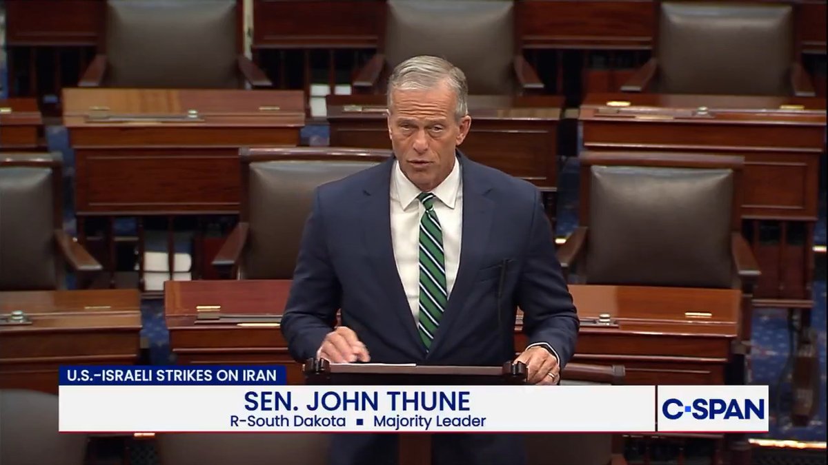 🚨 Leader Thune backs US strikes on Iran: "President Trump and his administration relentlessly pursued a diplomatic solution to the threat posed by Iran. But the Iranian regime refused diplomatic offramps. And so now, the President is taking action."