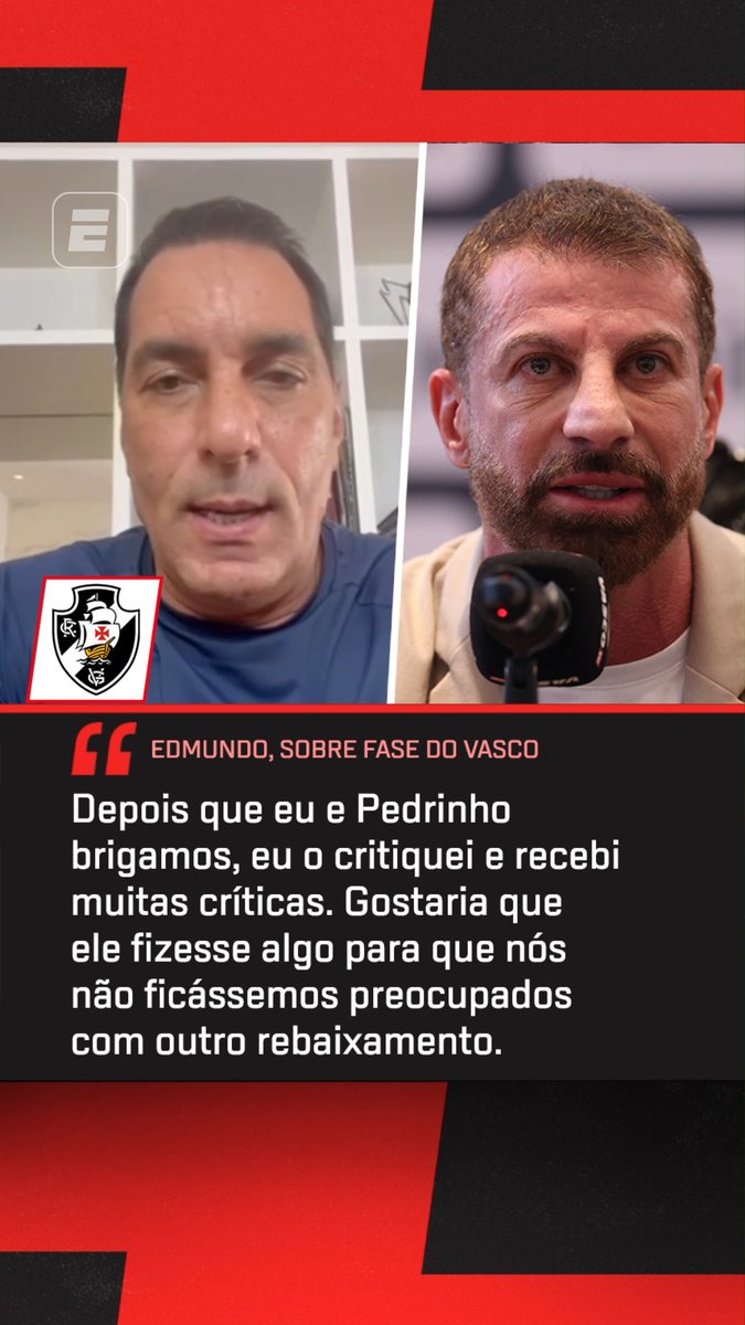 Em suas redes sociais, Edmundo desabafou sobre a situação do Vasco, falou sobre seu relacionamento com Pedrinho, atual presidente do clube, e manifestou o desejo de uma atitude da diretoria em relação à fase que o clube carioca vive. Concorda com ele, fã de esporte? 📹 via edmundosouza10/IG #FutebolNaESPN #Futebol #Vasco