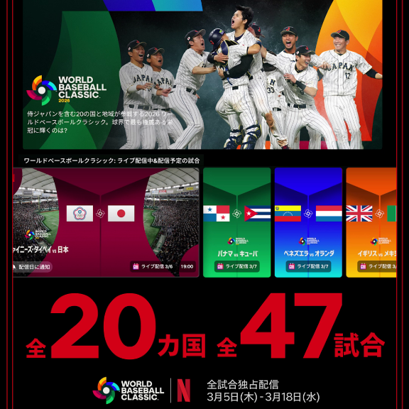 ネトフリで見る、2026 ワールドベースボールクラシック⚾️ \全20カ国・全47試合/ あなたのデバイスが、そのまま球場に! 全20カ国・全47試合が視聴可能👀 ライブ配信も、終了後の見逃し配信も、全部をネトフリで。 世界最高峰の熱い闘いを、好きな時間に、好きな場所で楽しもう❤️🔥 #MAKEDRAMA #ネトフリWBC2026 #Netflix