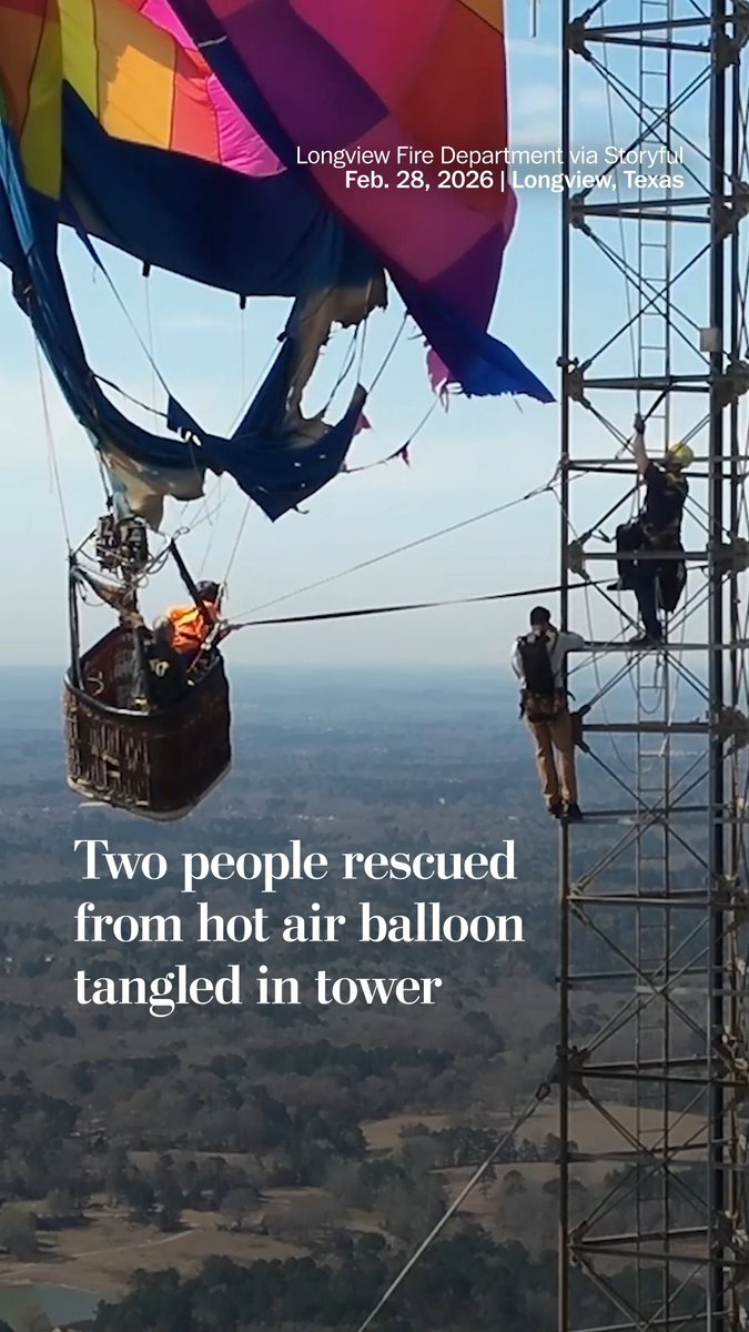 Two people were rescued by the Longview Fire Department in Texas when their hot air balloon became tangled in a communications tower about 900 feet in the air. With the help of the firefighters’ rope systems and harnesses, the people were able to safely descend to the ground.