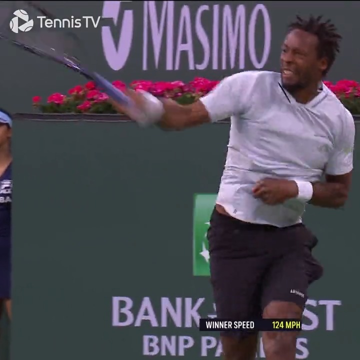 ⚡️🚀 199,56 km/h ! La cartouche monumentale de Gaël Monfils en coup droit contre contre Carlos Alcaraz au Masters d'Indian Wells 2022. Le deuxième coup droit le plus rapide de l'histoire. Tout simplement.