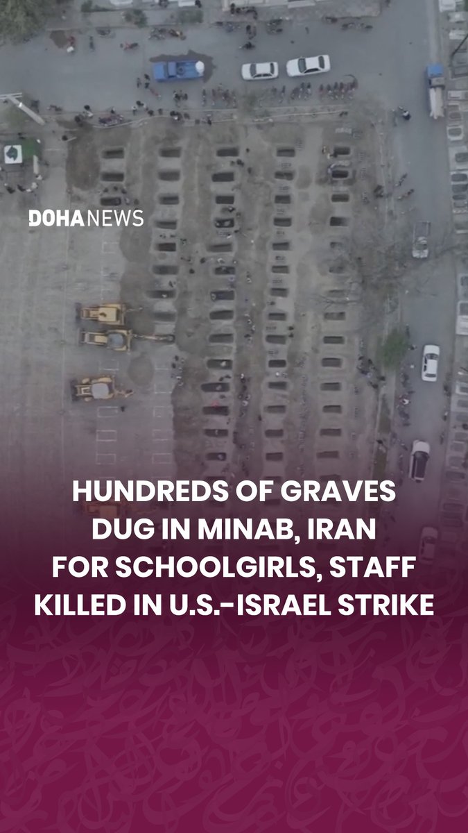 Drone footage from Minab in southern #Iran on Tuesday showed excavators digging rows of fresh graves in preparation for the burial of victims of the U.S.-Israel missile strike on a girls’ school. Around 165 schoolgirls and staff were killed and nearly 100 others wounded in the strike on Saturday in the southern city of #Minab.