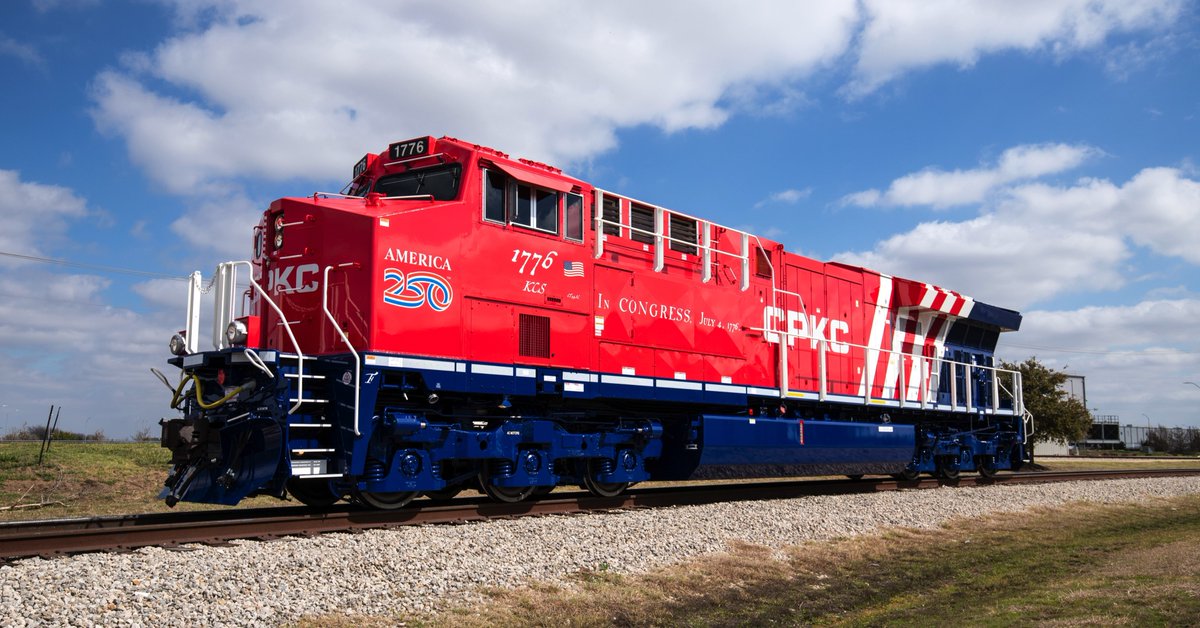 Today, fresh from the paint shop, CPKC unveils KCS 1776 and its commemorative locomotive livery honoring the 250th anniversary of the Declaration of Independence & celebrating the founding of the United States of America. KCS 1776 becomes the first of five new Tier 4 locomotives being built and painted at Wabtec Corporation Fort Worth, Texas, facility in 2026 with this livery proudly honoring America. Learn more: