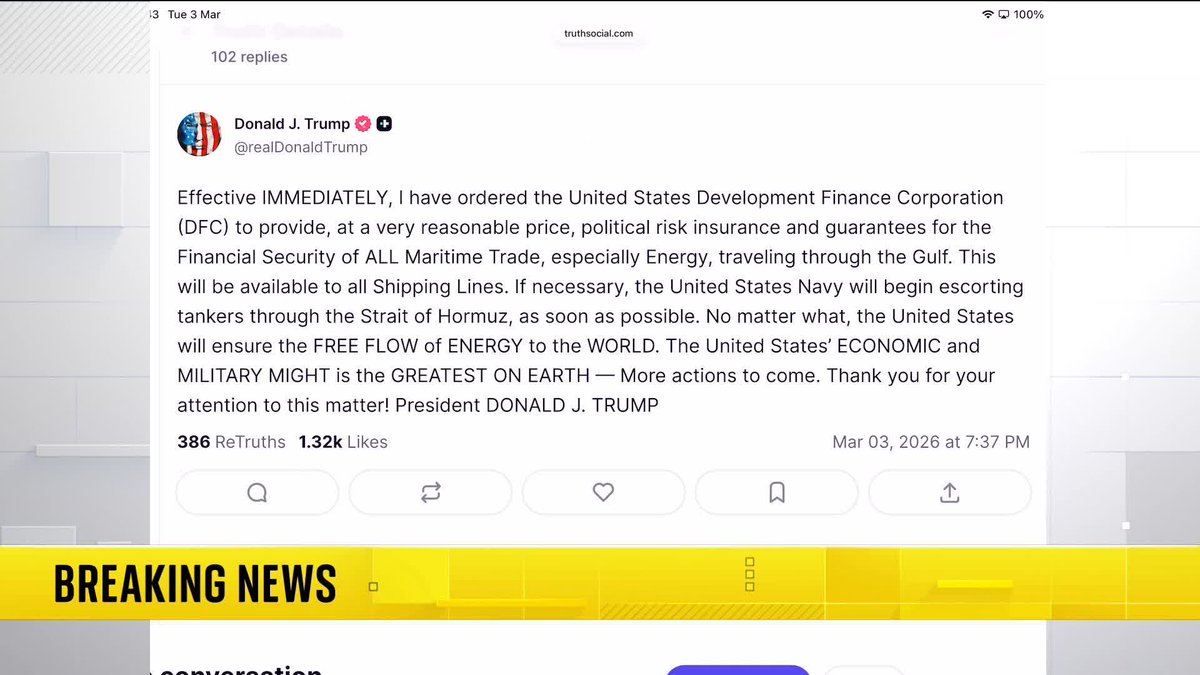 BREAKING: Donald Trump says the U.S. government will offer insurance to ships using the Strait of Hormuz and, if necessary, the U.S. navy will escort tankers through the Strait. Iran has vowed to attack ships using the shipping lane. It handles a fifth of the world's oil trade.