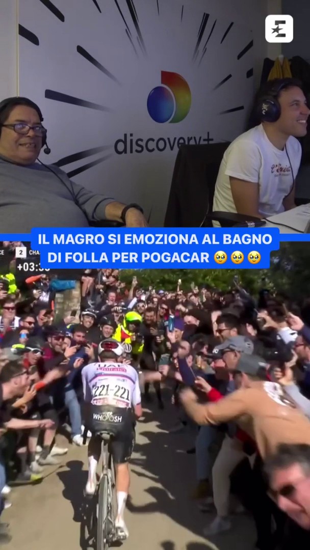 Rivedendo questo video non tratteniamo le lacrime 🥹💙 Tutta l’emozione di Riccardo Magrini per il bagno di folla nei confronti di Tadej Pogacar nel 2024: BRIVIDI ❤️‍🔥 #Ciclismo #StradeBianche #Pogacar