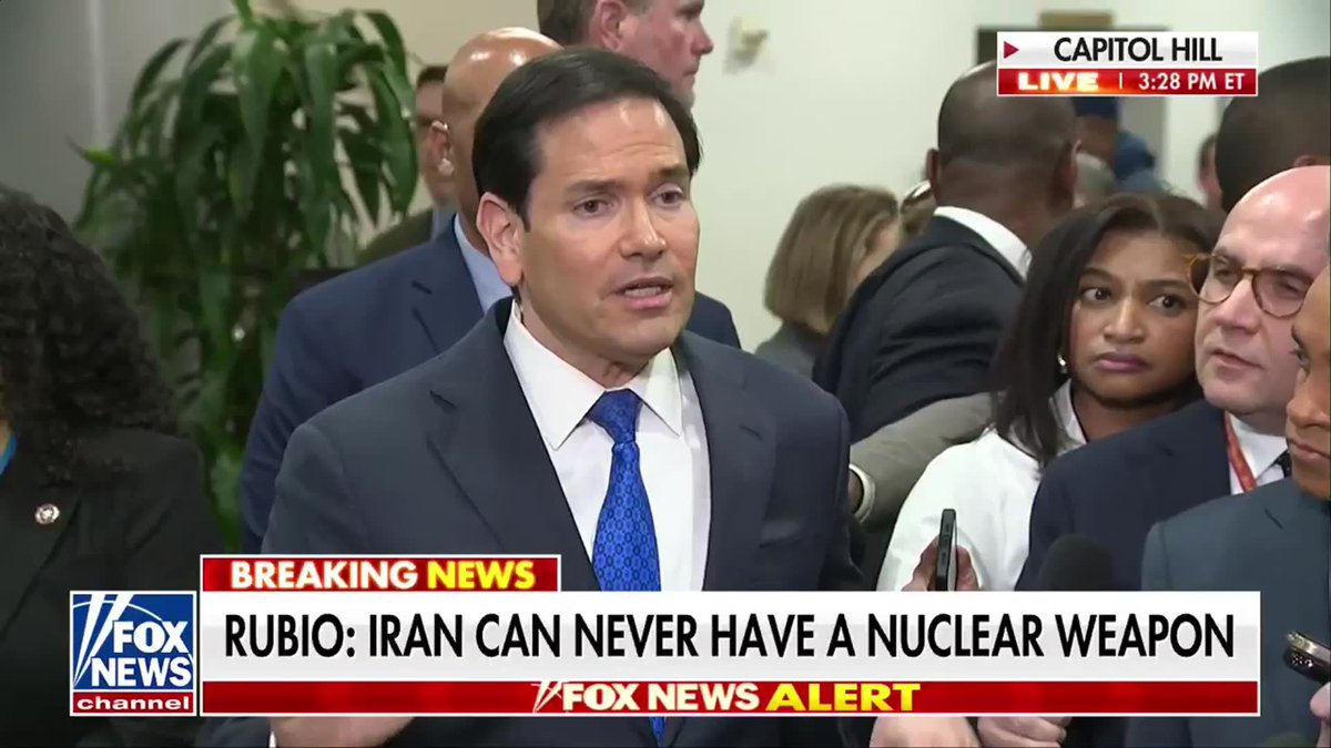 SECRETARY RUBIO: "Let me explain to you guys, this- in simple English, okay? Iran is run by lunatics, religious fanatic lunatics. They have an ambition to have nuclear weapons." "They intend to develop those nuclear weapons behind a program of missiles and drones and terrorism, that the world will not be able to touch them for fear of those things. And this is the weakest they've ever been. Now is the time to go after them."