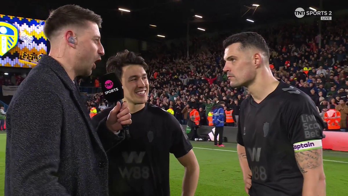 Player of the match on his first Premier League start of the season 👏 Luke O'Nien reacts alongside Granit Xhaka after Sunderland’s win away at Leeds United 🎙️ 📺 TNT Sports & discovery+ UK | Danny Jamieson