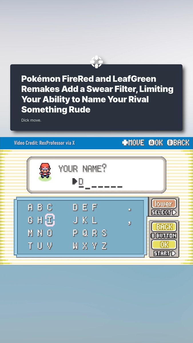 Pokémon FireRed and LeafGreen on Nintendo Switch won't let you name yourself, your rival, or any of your Pokémon anything mean or lewd.