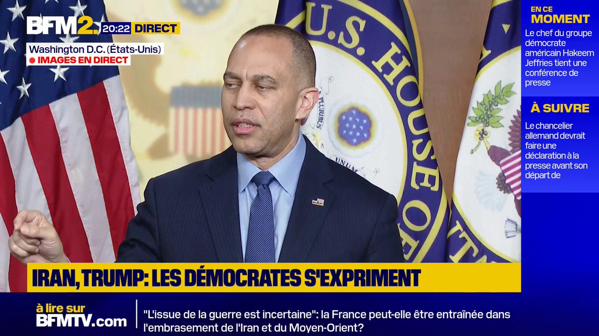 💬"Donald Trump, sans justification et sans consulter le Congrès, a entraîné l'Amérique dans une guerre au Moyen-Orient" Le leader démocrate de la chambre des représentants accuse Donald Trump d'entrainer les États-Unis dans "une guerre sans fin" #BFM2