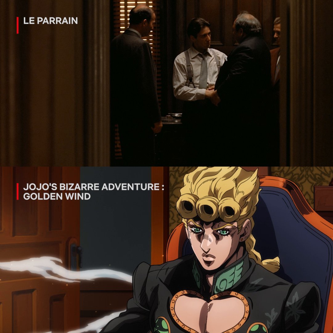 Hirohiko Araki a confié s’être inspiré de Le Parrain pour imaginer son manga. La dernière scène de Golden Wind rend d’ailleurs hommage à la fin du film de Coppola. La série JOJO’S BIZARRE ADVENTURE : GOLDEN WIND et la trilogie LE PARRAIN, c’est dispo.