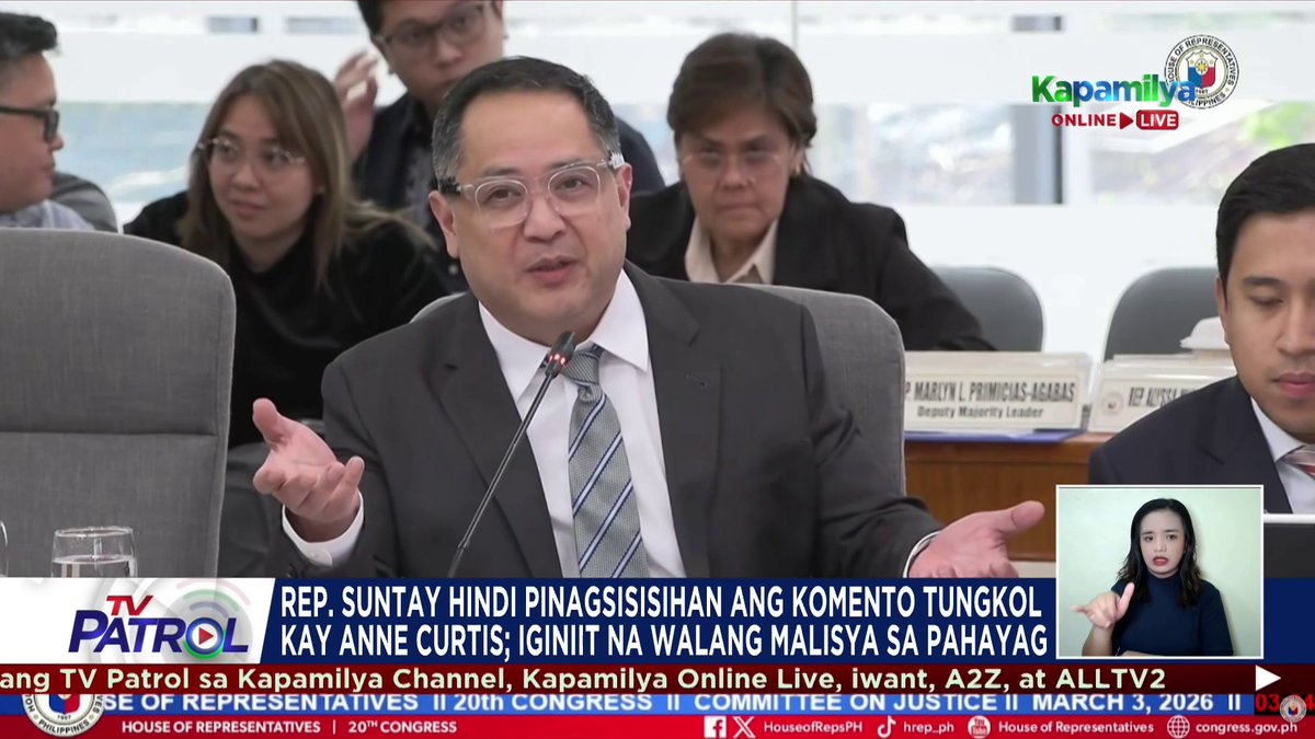 Hindi nagsisisi at iginiit ni Quezon City 4th District Rep. Bong Suntay na walang malisya sa kaniyang kontrobersiyal na pahayag tungkol sa aktres na si Anne Curtis. Pinuna naman ng ilang mambabatas ang anila'y pambabastos ni Suntay sa kababaihan.