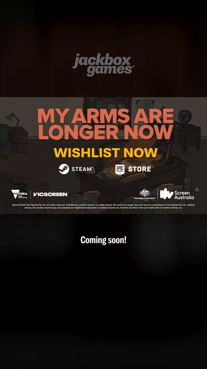 My Arms are Longer Now will be published in partnership with Jackbox Games! Developed by Toot Games, this silly single-player heist game where players solve puzzles using one long, yucky arm is coming to PC in 2026 and consoles in 2027! Wishlist now! 🔗