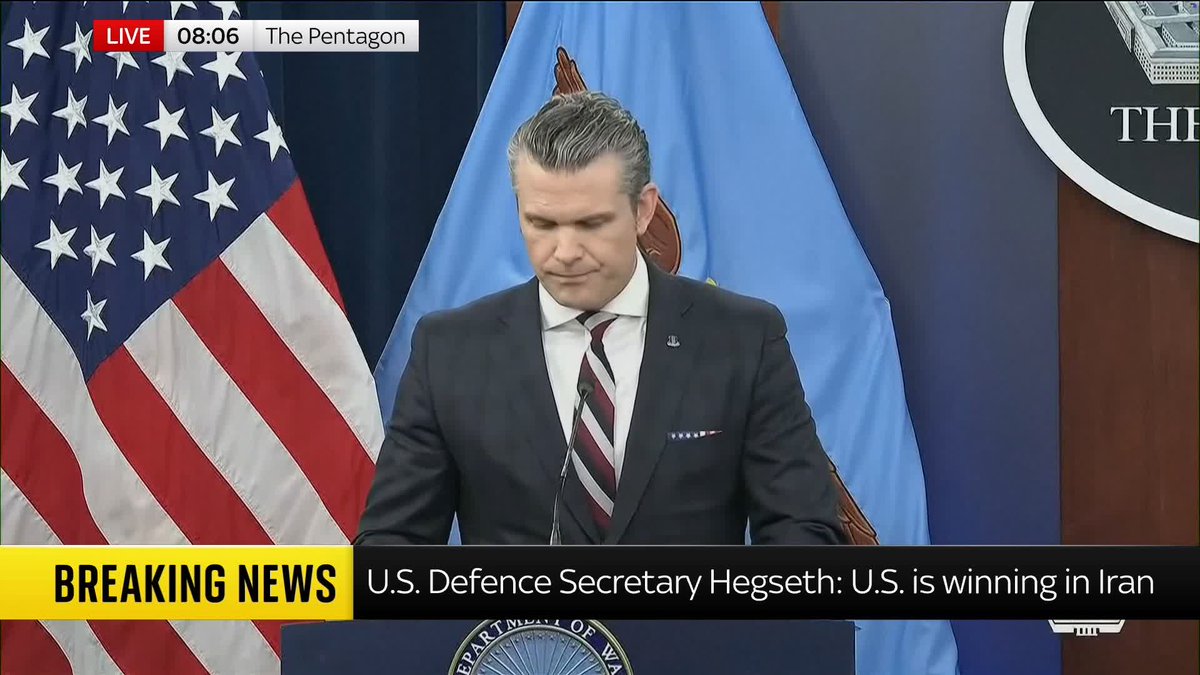 BREAKING: U.S. defence secretary Pete Hegseth says the U.S. and Israel will have 'complete control of Iranian skies in under a week'. Iran latest: 📺 Sky 501