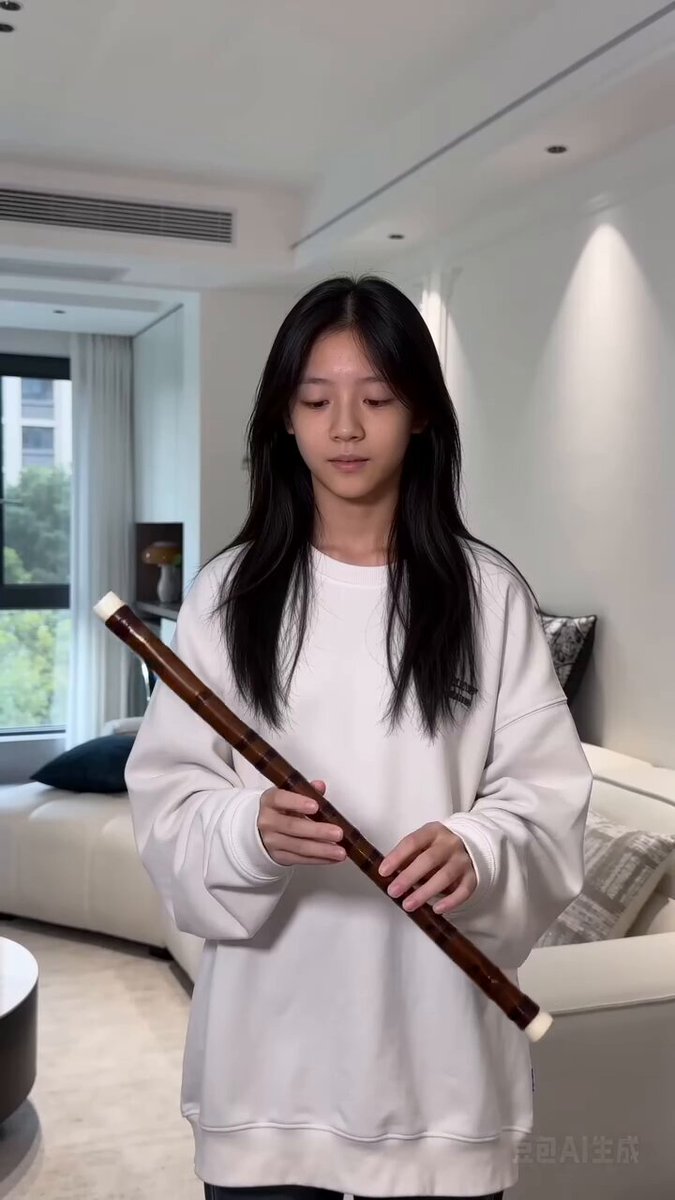 Seedance2.0生成笛子转场视频。 提示词： 一个女孩，素颜，在客厅把弄着一个笛子，她把笛子拿起来，像孙悟空拿着金箍棒那样放在手上旋转着，旋转时不经意间把它丢上半空。 在一接往时，女孩卡点变装:风格为写真,写真风，质感光照，自然光线，质感十足，摄影风格。 还点缀着金色和银色。画面的主体是一位蓬松长发、头发如绸缎般有光泽的头部特写，她正吹奏着竹笛。 少女的衣服由亮片纱、亮片丝绒、欧根纱等材质构成，有着精美的花边、流苏、刺绣、印花，有着繁复垂坠的褶皱，搭配着华丽丰富的饰品和传统衣服暗纹。 背景为深色系，搭配着提花云锦帷幔，周围环绕着重瓣花海，采用动感的构图，定格时间凝固的瞬间，浅景深使主题更加鲜艳，光斑点缀在暗面区域，以月亮白色为主要的配色。 要求使用网络流行音乐，卡点时使用慢动作，两个变装是一个女孩。