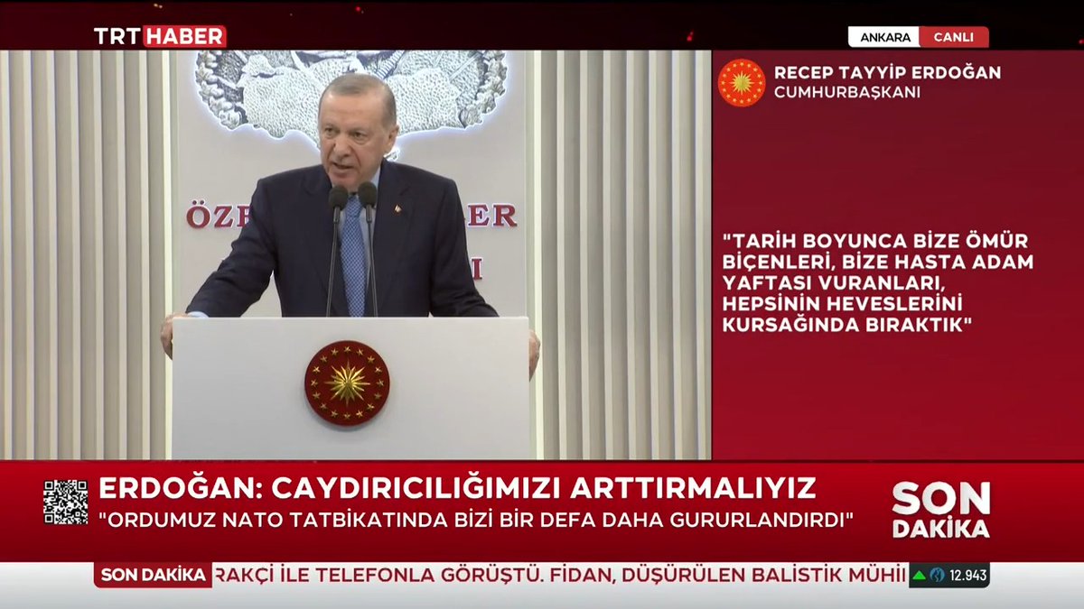 "'Füze testi yapmayın, balıklar ürküyor' diyenlere kulak kabartsaydık, başaramazdık" Cumhurbaşkanı Erdoğan: Millet olarak ebedi yurdumuz olan bu topraklarda huzur ve barış içinde yaşamak istiyorsak, caydırıcılığımızı sürekli artırmak zorundayız.