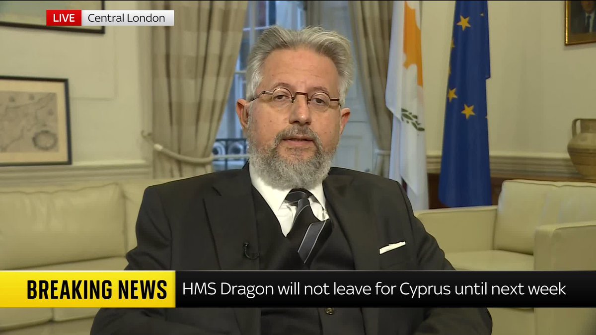 Cyprus' high commissioner to the UK tells Yalda Hakim that he expects British forces to help defend the country. The UK has an RAF base in Cyprus and is sending helicopters and a warship to the region. The ship will not depart for Cyprus until next week, officials say.