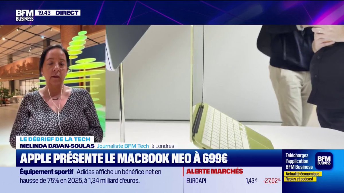 Apple présente le MacBook NEO à 699 € "Il est hyper qualitatif, les compromis faits pour ce MacBook vont être transparents pour 90 % des utilisateurs. Ça vise les étudiants et les nouveaux venus dans l'écosystème. Il a tout du carton annoncé" 💬Melinda Davan-Soulas 🎙️François Sorel