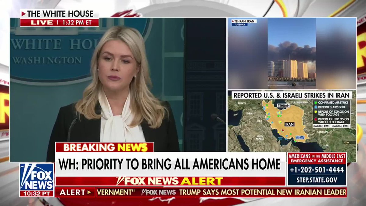 NEW: Karoline Leavitt addresses questions on travel bans and measures being taken to return U.S. citizens home from the Middle East: JACQUI HEINRICH: "Should there have been more done in advance of the strikes to try to get those Americans in the region resources and information to get home before Day 3 of the war?" KAROLINE LEAVITT: "The Secretary of State issued Level 4 travel advisories dating back to January for many of these countries in the region." "The State Department was all hands on deck on advising extreme caution and do not travel alerts to Americans in the region." "We will not rest until every single American is returned home safely."