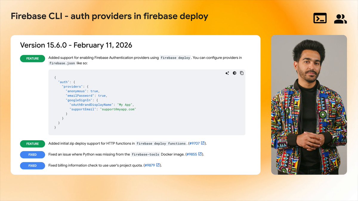 Take note! ✏ We've rounded up the top 6 updates from Firebase this February. Chapters: 0:00 - Firebase A/B Testing for the web 0:43 - Cloud Shell in Firebase console 1:11 - Crashlytics export to Cloud Logging 1:46 - Cloud Storage Blaze plan requirement 2:19 - Firebase CLI - auth providers in firebase deploy 2:57 - Firebase CLI - dataconnect:compile 3:16 - Firebase Agent Skills