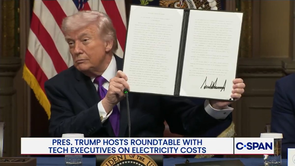 President Trump signs "Ratepayer Protection Pledge" proclamation, requiring technology companies pay for higher electricity costs caused by artificial intelligence systems