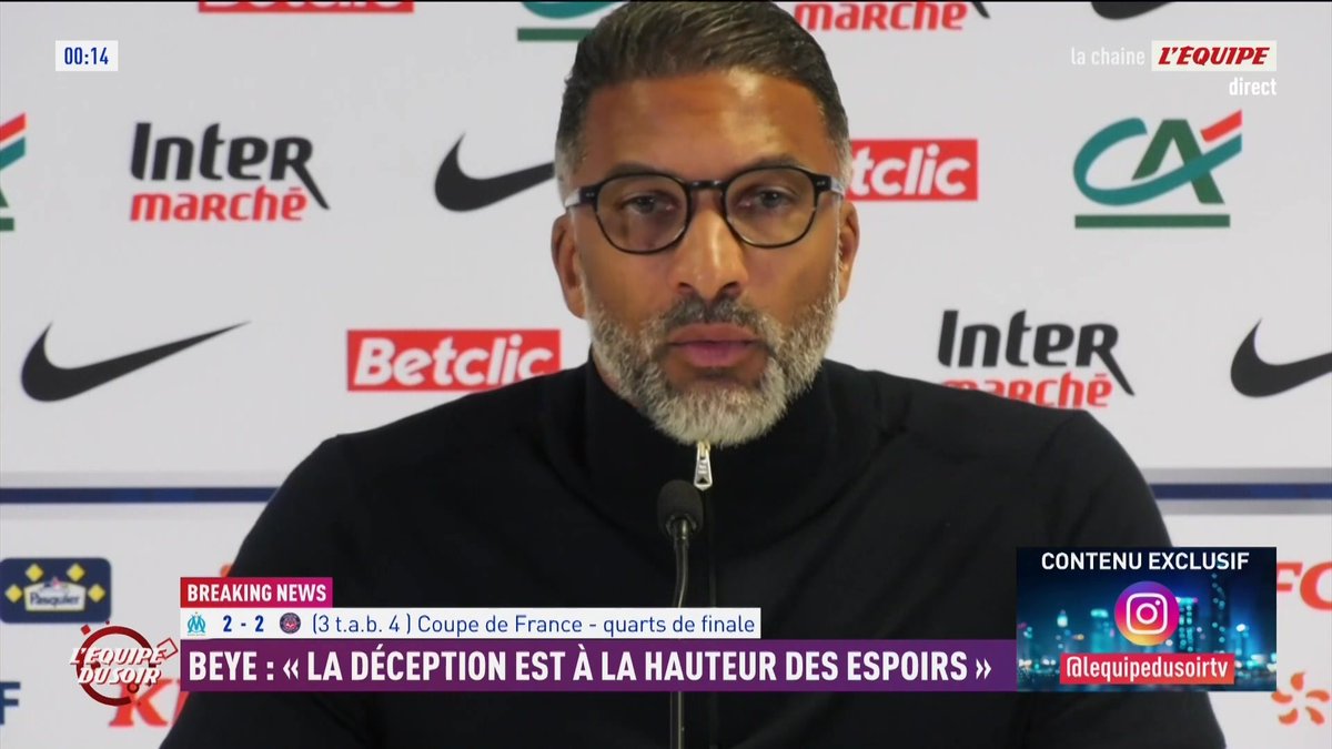 💬 Habib Beye, après l'élimination de l'OM en Coupe de France : « La déception est à la hauteur des espoirs qui ont été mis sur nous. Il faut accepter la colère et la tristesse de nos supporters »