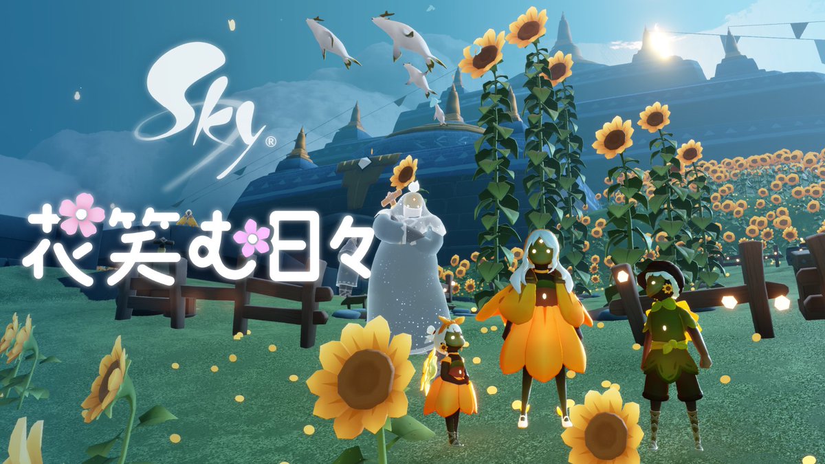 草原の村の晴れやかな空の下、ひまわり畑が開花の時期を迎えようとしています 🌻✨ #thatskygame #Sky星を紡ぐ子どもたち