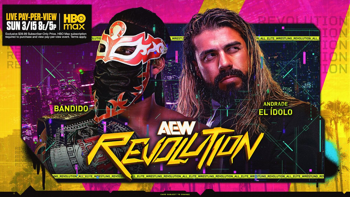 History gets made at #AEWRevolution! #ROH World Champion Bandido🔫🌵 vs. “EL IDOLO” ANDRADE better than MJF!!! for the FIRST TIME EVER! Bandido shows respect, but Andrade El Idolo isn’t here for handshakes! Watch #AEWDynamite LIVE on TBS &amp; HBO Max