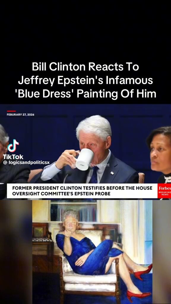 Bill Clinton was asked about why Epstein had the painting of Clinton wearing a blue dress. All of this is to inform the masses. I wonder if the painting of Bush flying paper planes into blocks will ever be asked. #CrimesAgainstChildren #CrimesAgainstHumanity