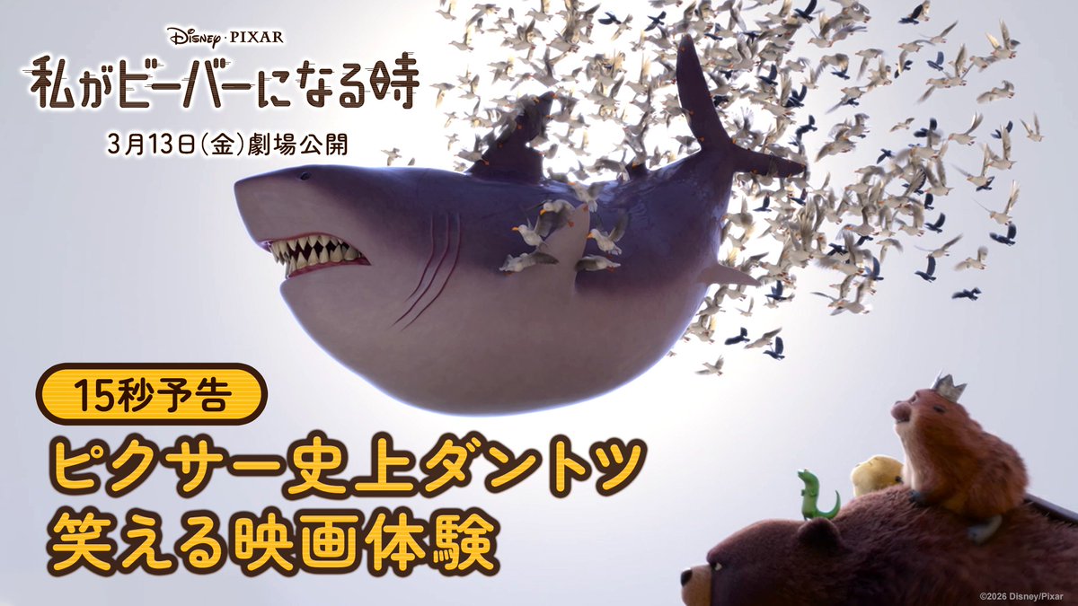 / 🦫ビーバーがしゃべって 🦈サメが空を飛ぶ⁉️ \ 💥こんなピクサー観たことない‼️ 『リメンバー・ミー』以来の最高評価を獲得✨ ディズニー&ピクサー史上 “断トツ笑える”映画体験💫 『私がビーバーになる時』 ➜「わたビバ」3/13(金)劇場公開🎬