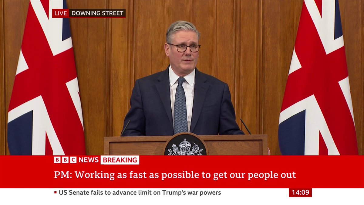 "I can report that our first charter flight from Oman, took off a few minutes ago," Keir Starmer says "We will lay on additional charter flights in the coming days... this is a huge undertaking," the prime minister adds Follow live: