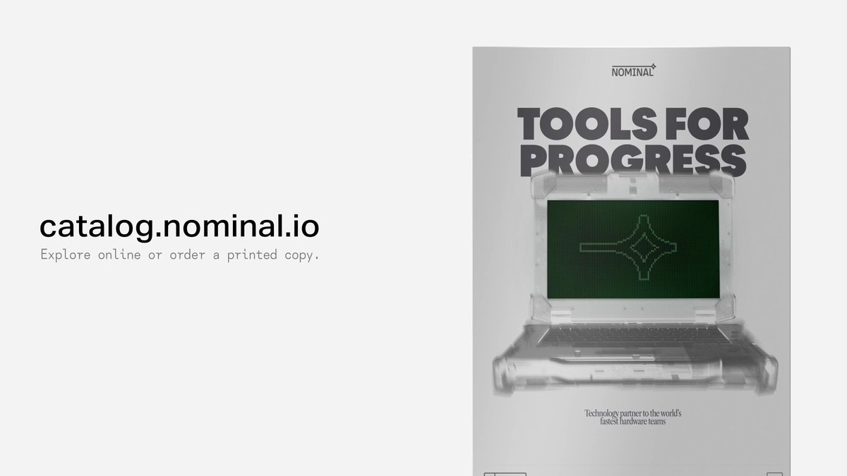 Ambition is timeless. Tools are not. Today Nominal is announcing an $80M fundraise at a $1B valuation, led by Trae Stephens and delian at Founders Fund. Since our Series B 10 months ago: 7x revenue growth. 2x team growth. Hardware engineers are stuck between 1980s-era tools and .com software built to be replaced. We're fixing the data supply chain so the industrial sector can adopt AI and enter the next era of ambition. We’re also releasing Volume 1 of the Nominal Product Catalog: "Tools for Progress." We're grateful for continued participation from Sequoia Capital, General Catalyst, Lux Capital, Lightspeed, Redglass.vc, Avenir, and Haystack. All Systems Nominal.