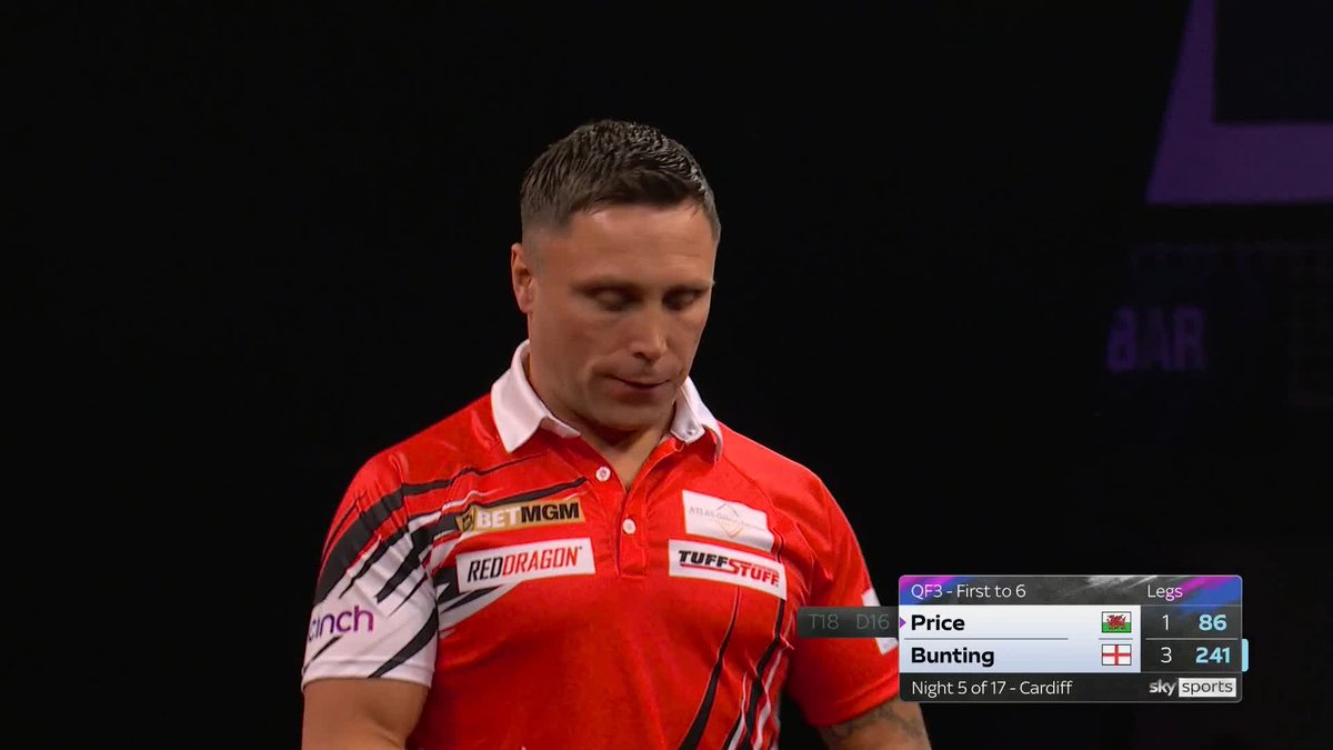THE PRICE ROAR 🏴 Gezzy is fired up on home-soil, and stays within touching distance of Bunting as he pins tops to trail 3-2, after Bunting hit a 180 to leave 19 🤷♂️ Live Scores & Streaming 📲